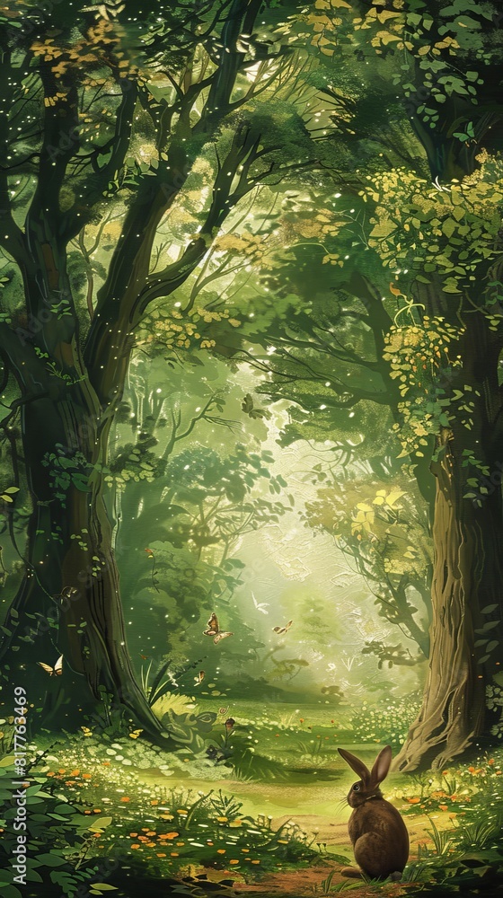Poster A rabbit is sitting in a forest with a path in front of it. The scene is peaceful and serene, with the rabbit looking out into the distance