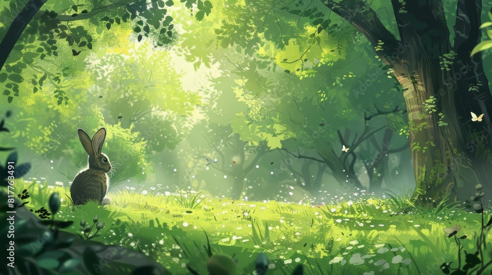 Poster A rabbit is sitting in a grassy field with trees in the background. The scene is peaceful and serene, with the rabbit looking out into the distance