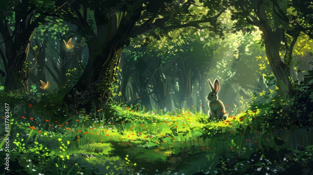 Poster a rabbit is sitting in a lush green field with butterflies flying around. the scene is peaceful and 