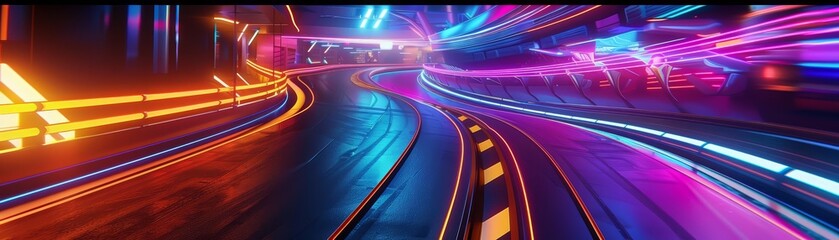 A motorsports track devoid of spectators, featuring neon accents and cybernetic pit stops, rendered with a dynamic perspective and reserved copy space
