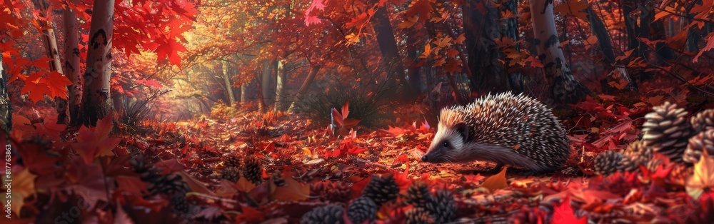 Poster a hedgehog is walking through a forest of red leaves. the image has a warm and cozy feeling, as the 