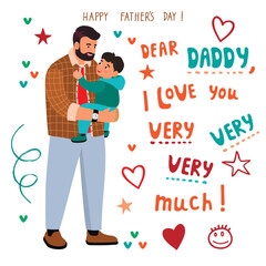 Happy Fathers Day!Cartoon illustration with daddy and child,handwritten Love You very much.Smiling characters hugging and having fun.White background.Vector design for use in banner template,postcard.