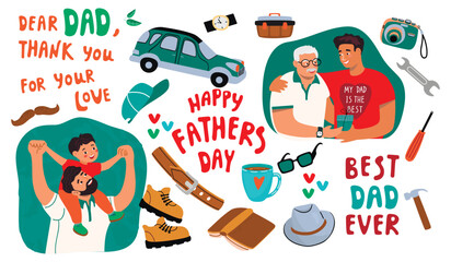 Fathers Day collection with cartoon illustrations and handwritten. Dad and child are having fun, adult son congratulates his elderly father.Car, cup, hat, belt, tools, camera,boots.Vector design set.