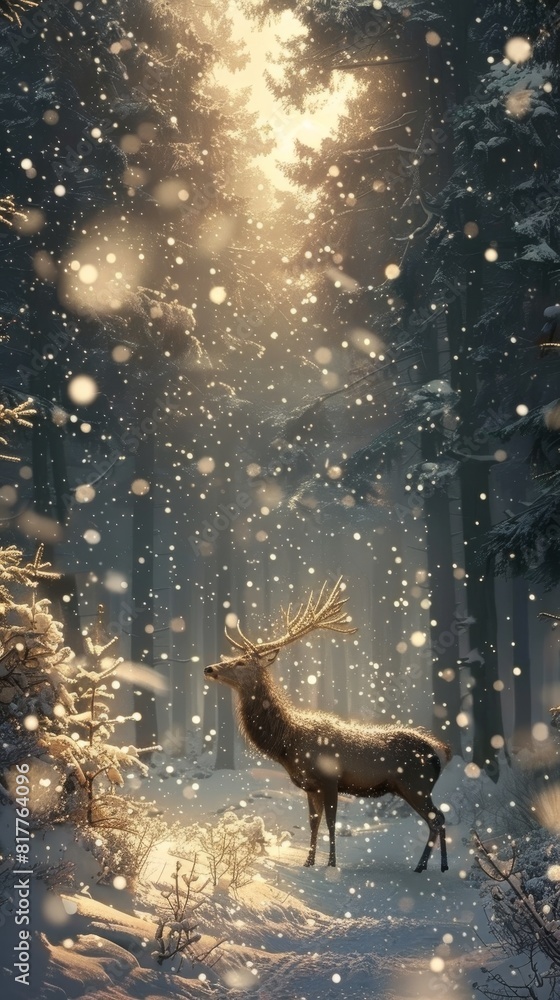Poster a deer is standing in the snow in a forest. the snow is falling and the deer is surrounded by trees.