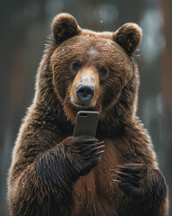 Obraz premium A brown bear holding a smartphone while looking at the camera. Smart bear uses phone to surf the internet in the forest. Poster. Perfect WiFi connection concept.