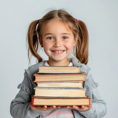 little girl holding a stack of books. selective focus