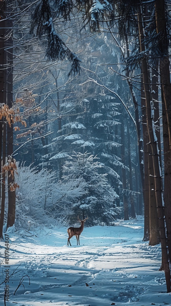 Aufkleber a deer is walking through a snowy forest. the scene is peaceful and serene, with the deer being the 