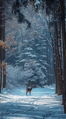 A deer is walking through a snowy forest. The scene is peaceful and serene, with the deer being the only living creature visible. The snow-covered trees create a sense of stillness and quietness