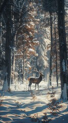 A deer is walking through a snowy forest. The image has a peaceful and serene mood, as the deer is the only living creature visible in the scene