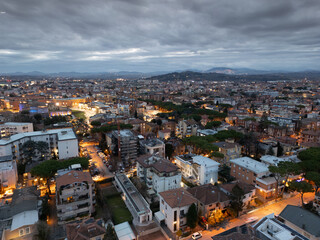 Aerial view of Rimini at night in the Christmas period