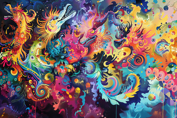 Immerse viewers in a panoramic canvas showcasing mythical creatures intertwined with booming finance trends