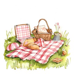 A watercolor painting of a picnic blanket with a basket full of food and a thermos.
