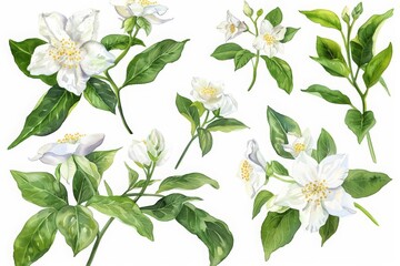 A set of watercolor of a mysterious nightblooming jasmine, releasing intoxicating scents under moonlight, Clipart isolated white background