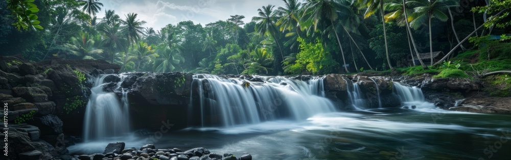 Poster a beautiful waterfall with a lush green forest in the background. the water is flowing down the rock