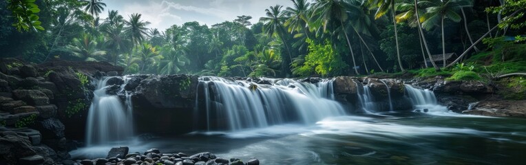 A beautiful waterfall with a lush green forest in the background. The water is flowing down the rocks and creating a peaceful atmosphere