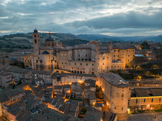 Aerial view of Urbino at night in the Christmas period
