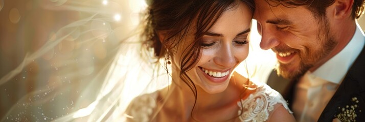 Luminous wedding couple sharing a laugh