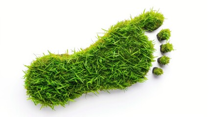 A green foot made of grass is on a white background. The foot is surrounded by grass and has a footprint on it. Concept of nature and the importance of preserving it