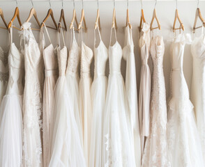 Many wedding dress hanging on the hang in the wedding shop, studio shot against a pale white background.