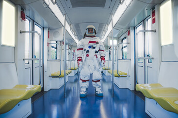 Cinematic fiction image of a modern astronaut roaming in a city on planet earth. concept about...