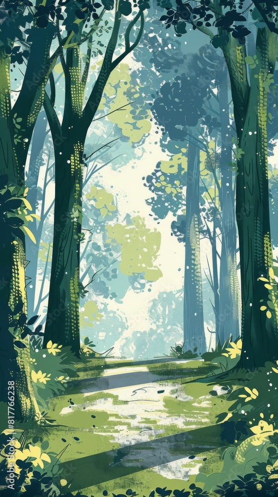 Aufkleber a painting of a forest with a path through it. the mood of the painting is peaceful and serene