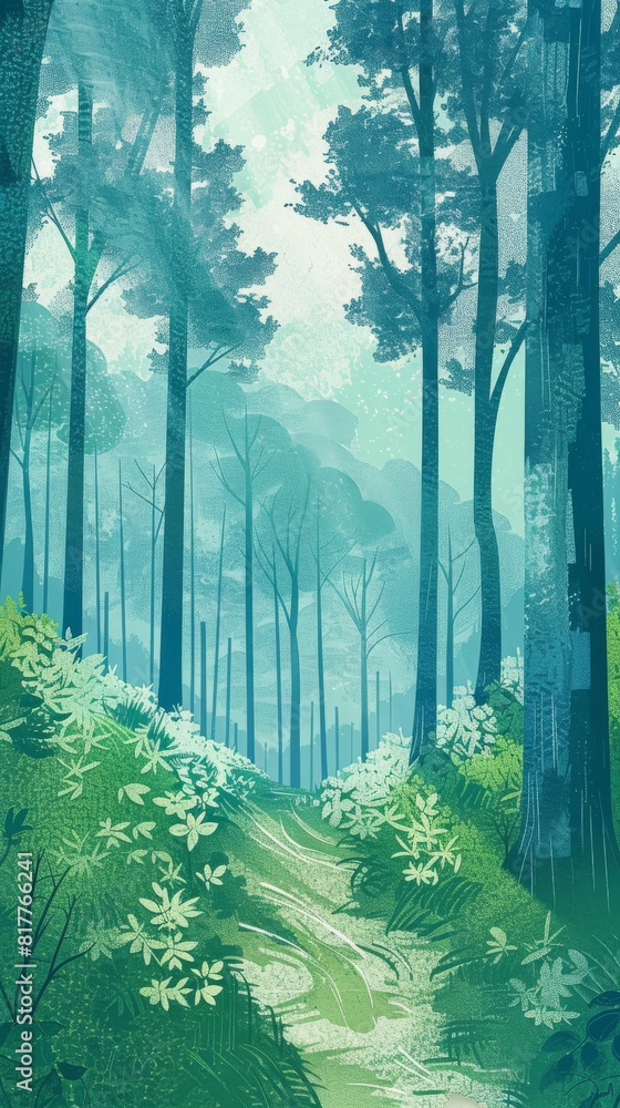 Poster a forest with a path through it. the trees are green and the sky is blue
