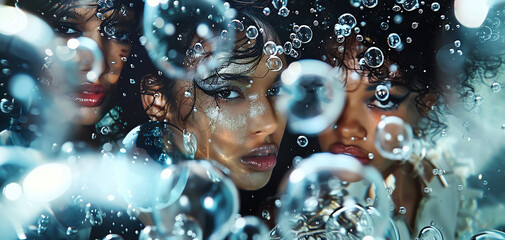Imagine a striking composition where models sporting avant-garde fashion pieces are seen through the distorted lens of underwater bubbles Experiment with skewed angles and refracti