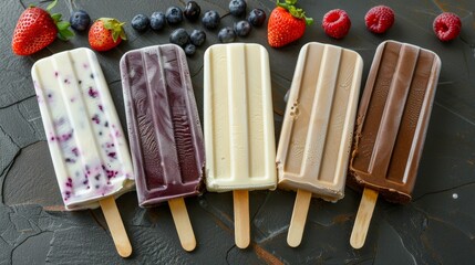 Yogurt frozen fruit popsicles  sweet ice cream bars with berries on stick for a delightful treat