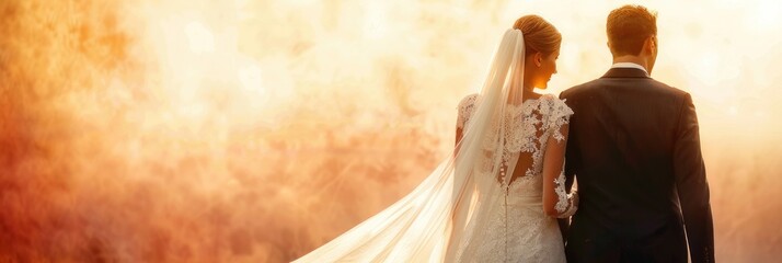 Bride and groom embracing under golden light