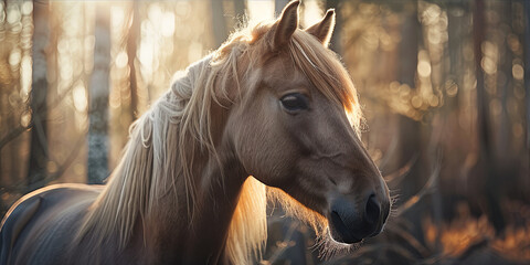 close up portrait of an elegant horse with a long blonde mane, generative AI