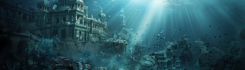 Deliver a photorealistic depiction of architectural wonders submerged in mesmerizing underwater realms, capturing unexpected camera angles that play with light and shadow
