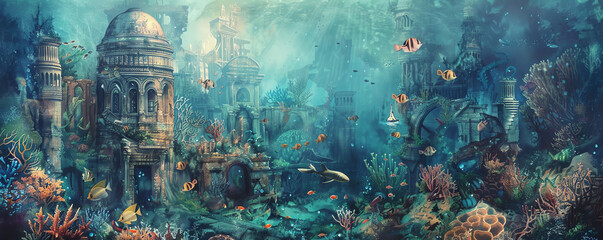 Immerse viewers in the ethereal beauty of underwater worlds crafted in vivid watercolors, showcasing surreal marine life intertwining with ancient architectural wonders