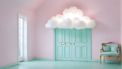 cozy and dreamy room with pastel colored wall and cloud shaped lighting, ai generated