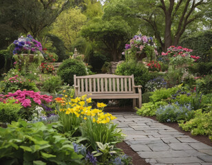 La panchina, immersa nel giardino, è un invito a godere della bellezza dei fiori.
