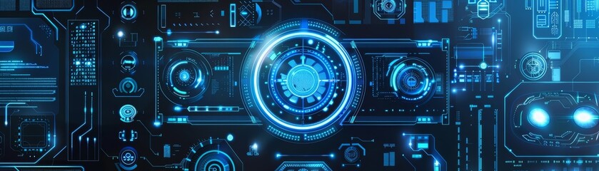 An illustrated digital interface with glowing blue circuit patterns and various abstract technological elements The background features a clean gradient from dark to light blue