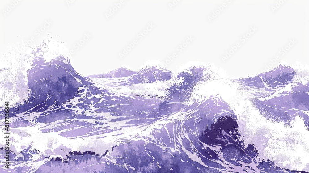 Poster The image is of a large body of water with purple waves crashing against the shore. Scene is calm and serene, with the waves creating a sense of movement and energy