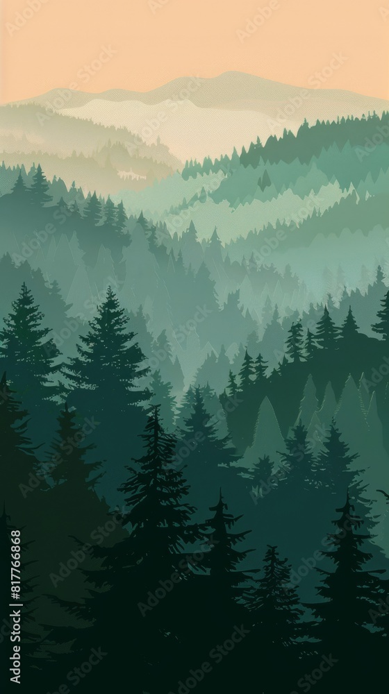 Poster A mountain range with trees in the foreground and background. The trees are green and the sky is orange