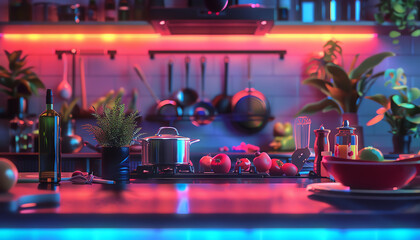 Craft a dynamic 3D holographic scene of a futuristic kitchen, showcasing hovering ingredients and interactive cookware under neon lights