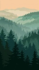 Fototapeta premium A mountain range with trees in the foreground and background. The trees are green and the sky is orange