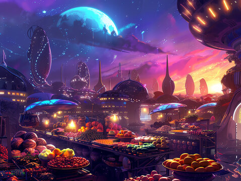 Design a digital art piece featuring an otherworldly food market on a distant planet