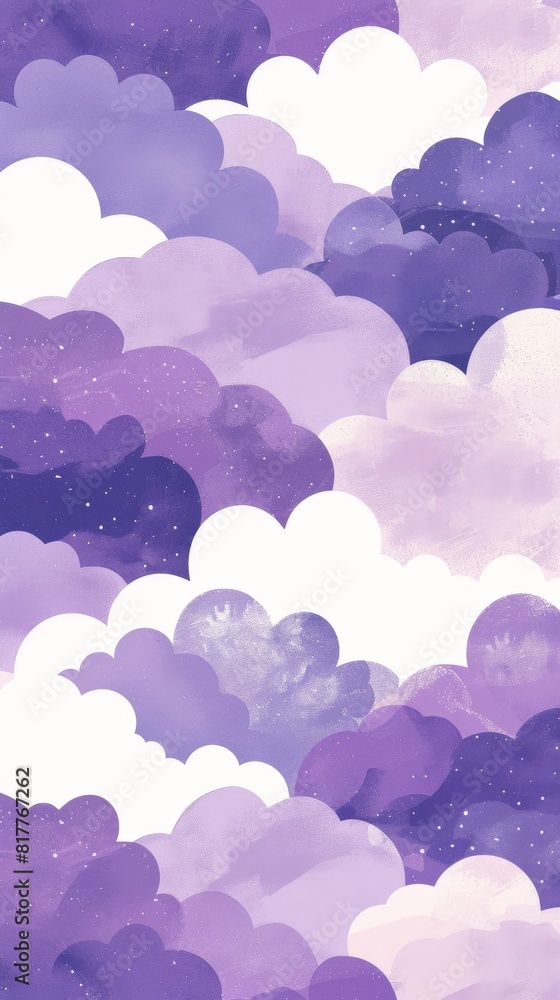 Poster A purple and white cloud patterned background with a purple and white cloud in the foreground. The clouds are drawn in a very stylized way, with some appearing to be more solid than others