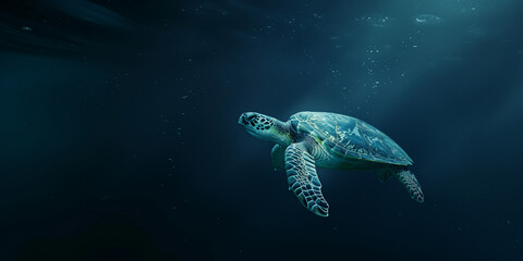 the green sea turtle swimming underwater, clear ocean water seabed, copy space for text