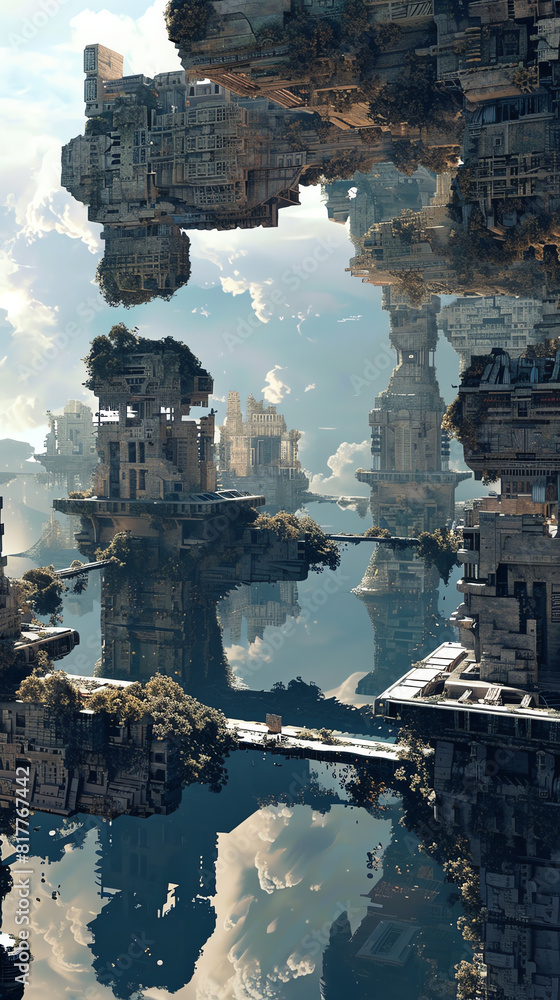 Poster render a surreal landscape merging dystopian ruins with advanced ai structures
