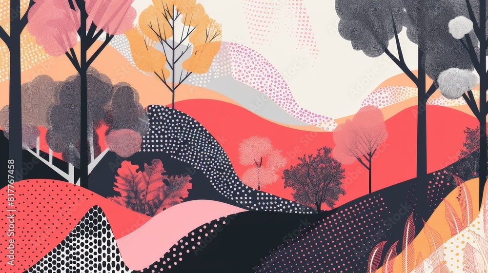 Poster a painting of a forest with trees and hills. the trees are in different shades of red and green. the