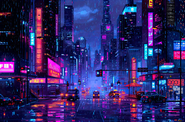 Pixel Art Illustration of a Cyberpunk Cityscape at Night with Skyscrapers, Neon Lights, Billboards, Cars. Retro Video Game Pixelart City. Sci-Fi art.	