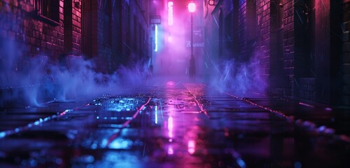 Fototapeta premium Abstract background, Dark street reflection on the wet pavement with rays neon light in the dark