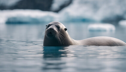 Seal swimming under the icy waters of Antarctica, sea lion in the ice
