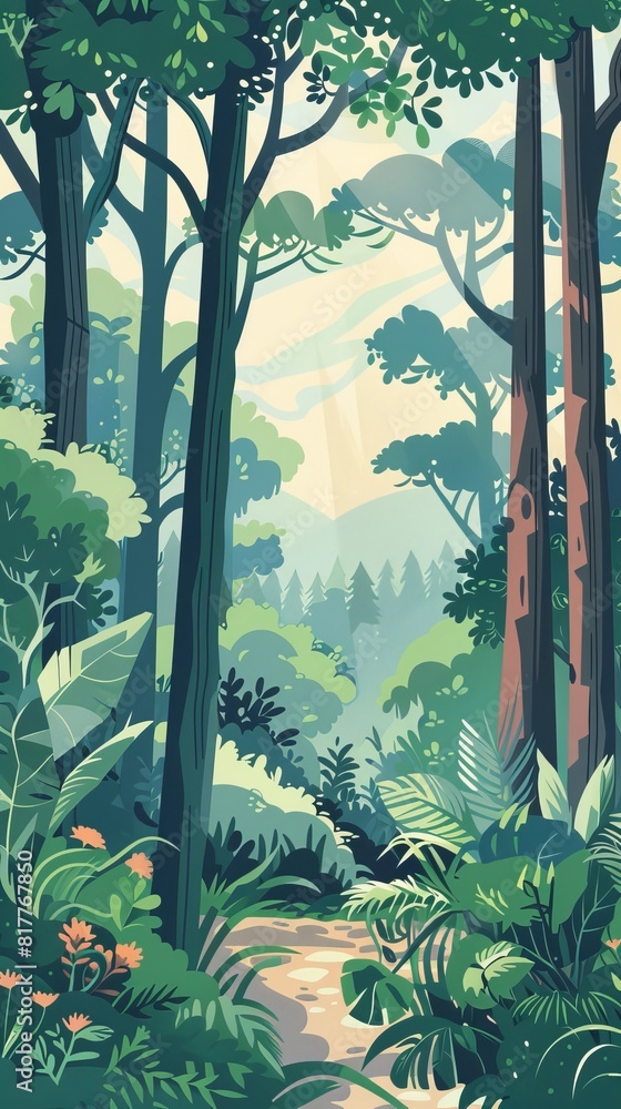 Poster a forest scene with a path through it. the trees are green and the sky is blue