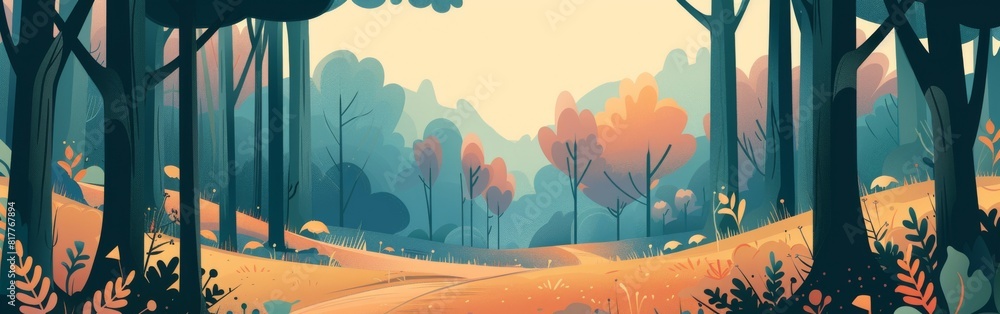 Poster A forest scene with trees and a path