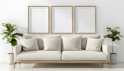 A beige sofa in a minimalistic interior with three blank picture frames on a white wall mockup